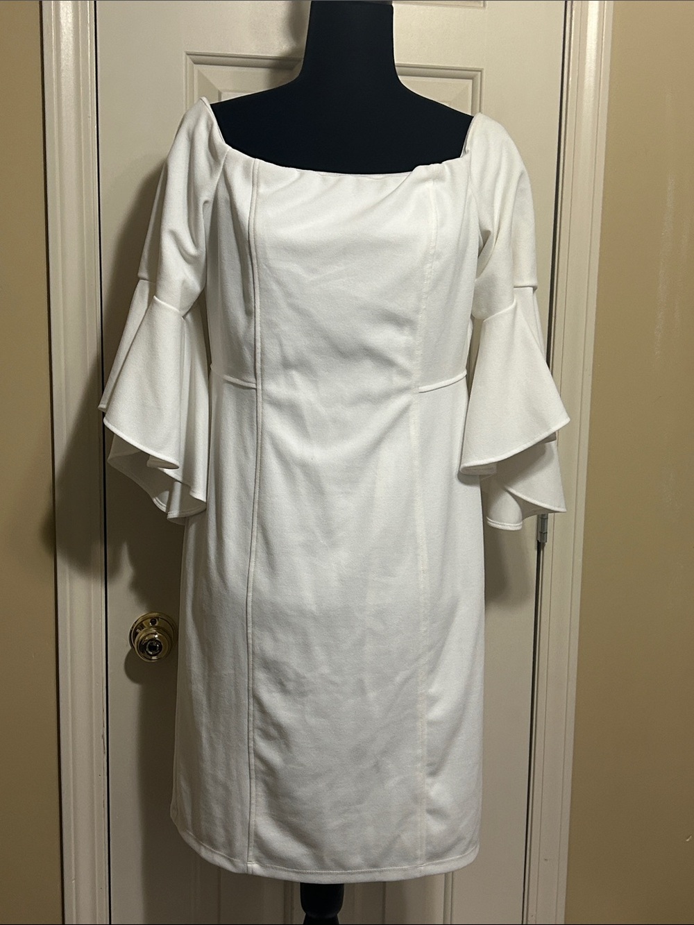 R & M Richards White Square-Neck Midi Dress with Ruffle Bell Sleeves-Size 10